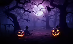 two jack o lanterns sitting under some trees