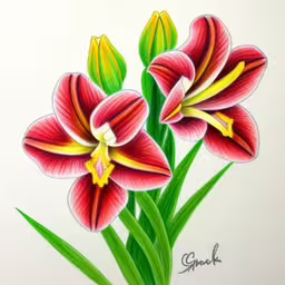 a drawing of two flowers with green stems,the two red flowers are on the white paper