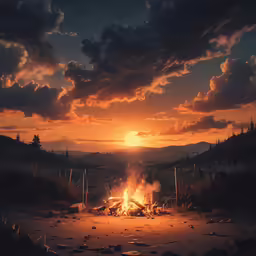 the sunset is glowing over a campfire