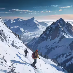 skiers skiing down a large snowy mountain at sunset