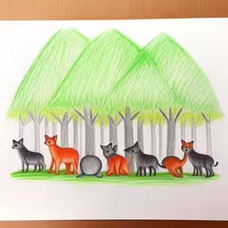 a drawing of a family of foxes standing in a forest