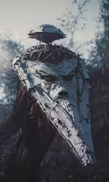 a horse wearing an alien helmet on the head