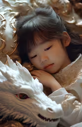 an asian girl with long dark hair lying down and near a dragon statue,young girl with a white dragon head and white dress
