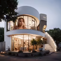 a woman looks out of the window of a futuristic home