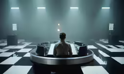 a person sitting in a room that has checkers on the floor