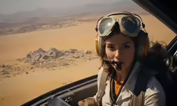 a girl in a small airplane with large goggles