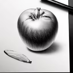 an apple is shown with a pencil drawing technique