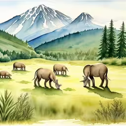 a painting of some elephants in the grass