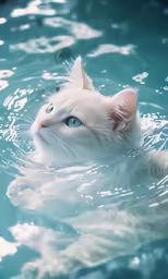a cat is swimming in the blue pool