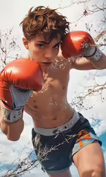a shirtless boy is boxing in a rocky area