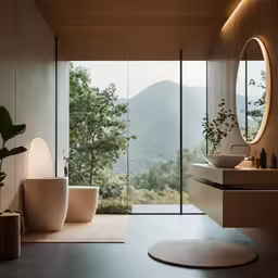 modern bathroom with mountain view and two toilets