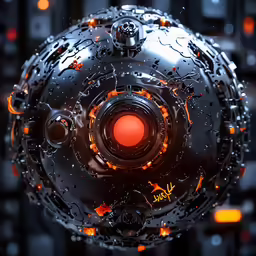 a black and orange ball with many red spots on it