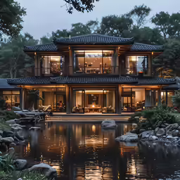 large home with a pond and lights on the windows