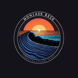 the front cover of a black and blue ocean album,the ocean with an orange sun in the background