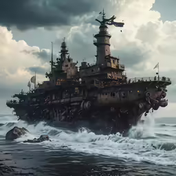 the battleship is out on the ocean near some waves