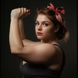 a beautiful young woman posing with a big arm