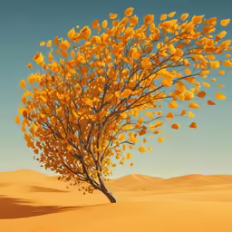 a painting depicting a lone yellow tree in the desert