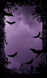 bats flying through the purple clouds on a gloomy day