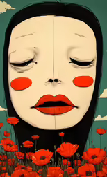 a painting of a girl with red makeup and a big nose in poppy field