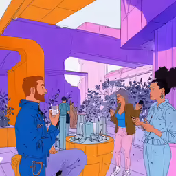 a drawing of people gathered around a table