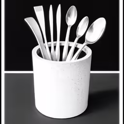 there are white forks and spoons in a white cup