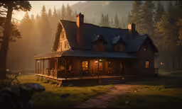 there is a cabin with a porch, porch, and roof,a large cabin house in the woods during sunrise