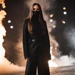 model wearing all black and wearing large black masks during a show