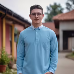 man in blue shirt and glasses outside building