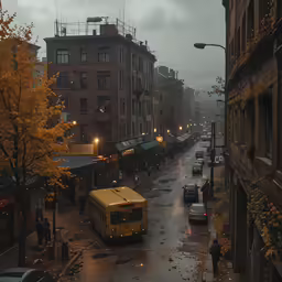 yellow city bus on wet street with city buildings and people