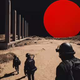 three people in black uniforms in a desert