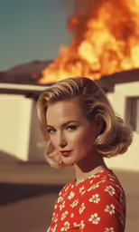 a woman is standing in front of a fire