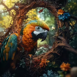 a colorful parrot in a branch with leaves and flowers around it