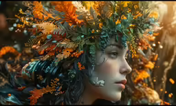 a woman with leaves all over her head