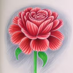 drawing of a pink flower with a green stem,an artistic drawing shows a flower on a white background,a drawing of a flower with green leaves,a flower in a frame with some water on it,a flower painted on the side of a drawing