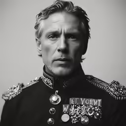 a man is wearing an army uniform, and looks into the camera