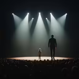 two people on a stage standing under spotlights