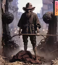a man in a hat with a long stick in his hand