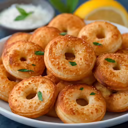 a white plate filled with golden bagels