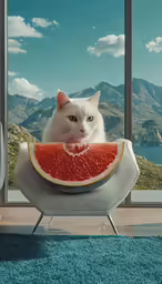 a cat sitting on a piece of fruit looking out a window