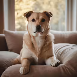 a brown dog with a sad face sits on a couch