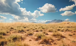 an open field with some dirt and sparse grass