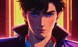 a close up of a person wearing a jacket and necklace,a very well dressed man with bright blue eyes