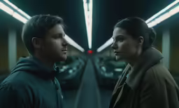 a man and woman in dark clothing standing in front of two cars