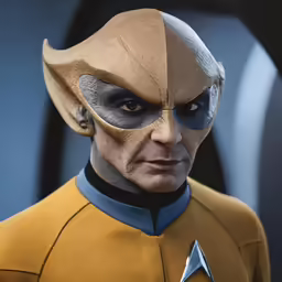 a close up of an action figure with a star trek costume on