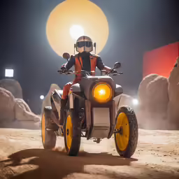a man riding a three wheeled motocycle through the desert