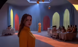 a cartoon image of a woman standing in front of a room with many people