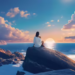 a young woman sitting on top of a rock overlooking the ocean