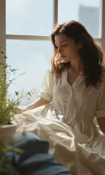 a woman sitting on a bed next to a window