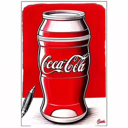 an image of a coke can with a pen,a painting of a coca - cola bottle and a marker