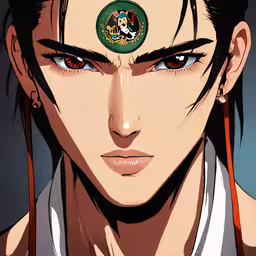 a man with black hair is wearing a badge on his head,the anime character is staring at the camera